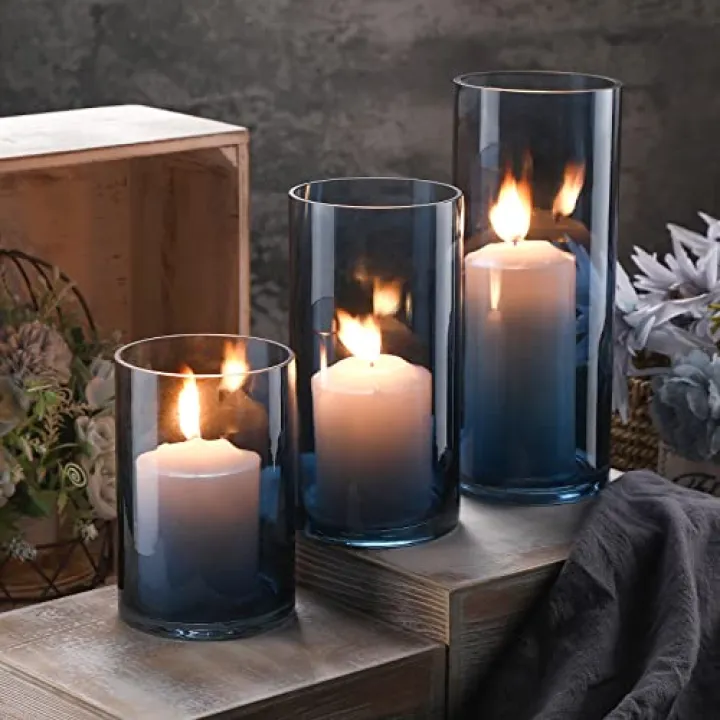 Set of 3 Blue Clear Hurricane Candle Holder Glass Cylinder Vases 6, 8, 10 Inches Height Hurricane Vases for Centerpieces Home Table Decor