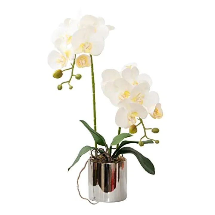 Artificial Orchid Flowers White Faux Orchids with Ceramic Vase Vivid Fake Phalaenopsis Flower Arrangement Gorgeous Artificial Plants for Office Desk Wedding Party Exhibition Center & Home Table Decor