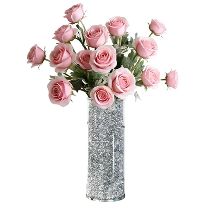 ESSGUO Silver Glass Vase for Flowers, Large 10in Crushed Diamond Vase, Luxurious Fresh Flower Vase for Home Decor, Bedroom, Living Room, Office, Wedding, Party, Dining Table