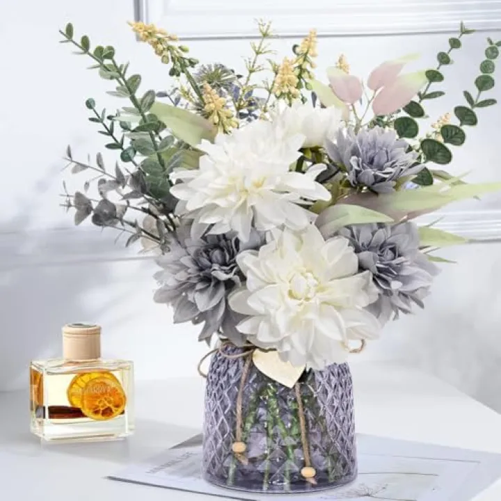 Xdalula Home Decor Fake Flowers with Vase - Artificial Flowers Fake Plants Bouquet Decoration Realistic Dahlias, Hydrangeas, Eucalyptus Decor Modern Silk Flowers for Dining Table, Kitchen (Purple)