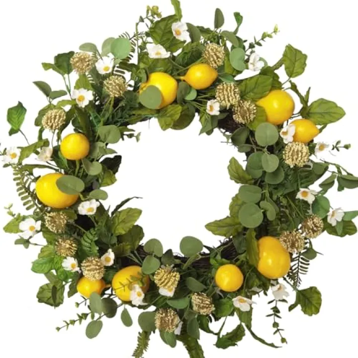 Idyllic 22 Inch Summer Yellow Lemon Wreath with Green Leaves for Front Door, Spring Summer Lemon Eucalyptus Wreath for Inside and Outside, Wedding Wild Flowers Decor