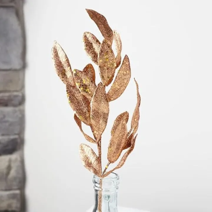 Group of 6 Copper Artificial Glittered Leaf Stems by Factory Direct Craft for Holiday Decorating and Party Displays