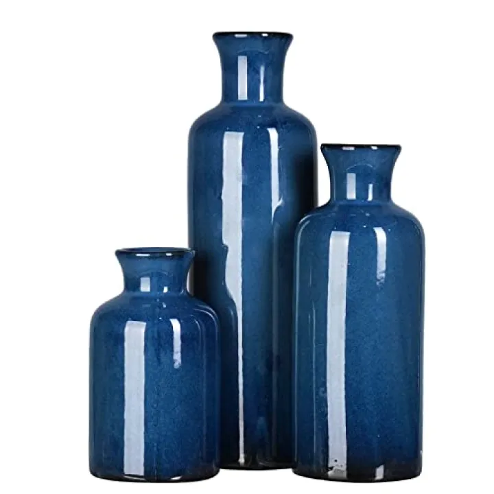 Ceramic Vase Set Home Decor - 3Pcs Modern Rustic Boho Geometric Blue Flowers Vase Decoration, Shelf Decor, Farmhouse Living Room Decoration, Decorative Gift Cynkeyee
