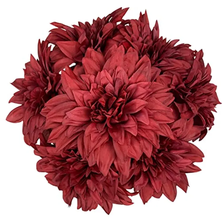 Lacomfy 7 Heads Fake Dahlia Flower Bouquet Red Silk Dahlias Flowers Artificial Flowers Realistic Fake Flowers for Wedding Bride Party Home Hotel Office DIY Desk Decorations, Pack of 1, Burgundy