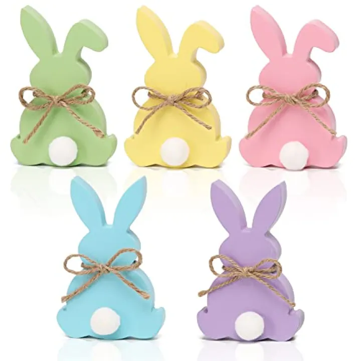 Easter Decorations, 5pcs Wooden Easter Bunny Table Sign with Jute Rope, Easter Wood Tiered Tray Decor Freestanding Easter Table Decorations
