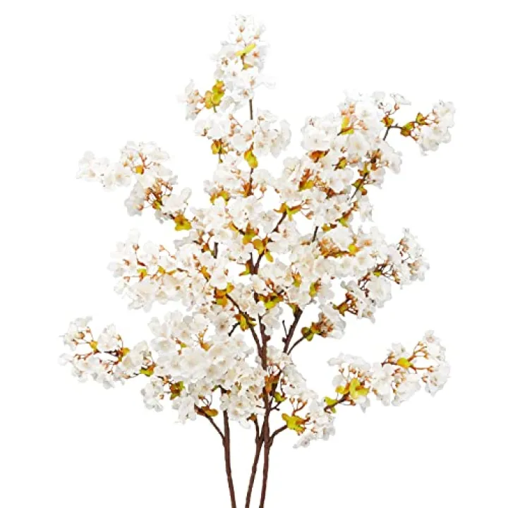 Uieke Silk Cherry Blossom Branches, 39.3in Artificial Cherry Blossom Tree Stems, Fake Plum Blossom Flowers Arrangement for Wedding Home Japanese Decor, Set of 3, White