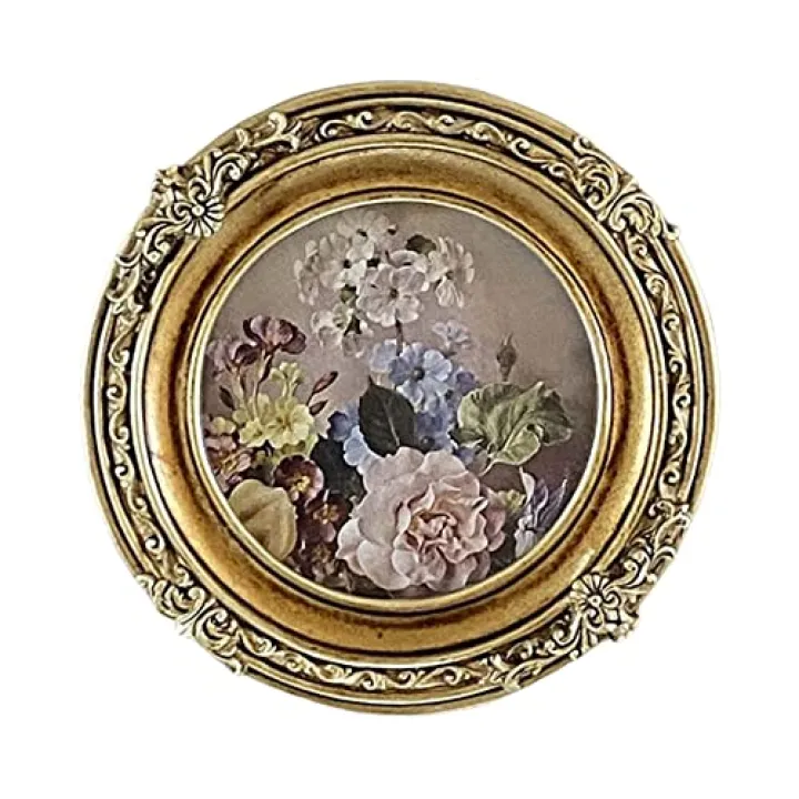 IEUDNS Vintage Style Picture Frame Tabletop Wall Mounting Floral Embossed Painting Frame Photo Gallery Baroque Photo Frame for New Year Living Room, Round