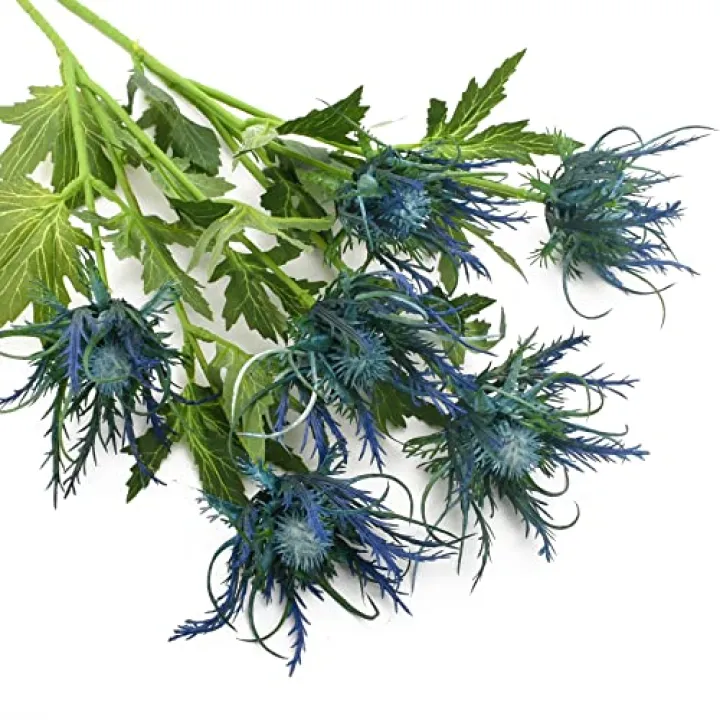 VIOCIWUO Blue Artificial Thistle Flower Bouquet 2Pcs, Artificial Spray Eryngiums Plants Rustic Thistle Simulation Sea Holly for Wedding Party Home Office Decoration
