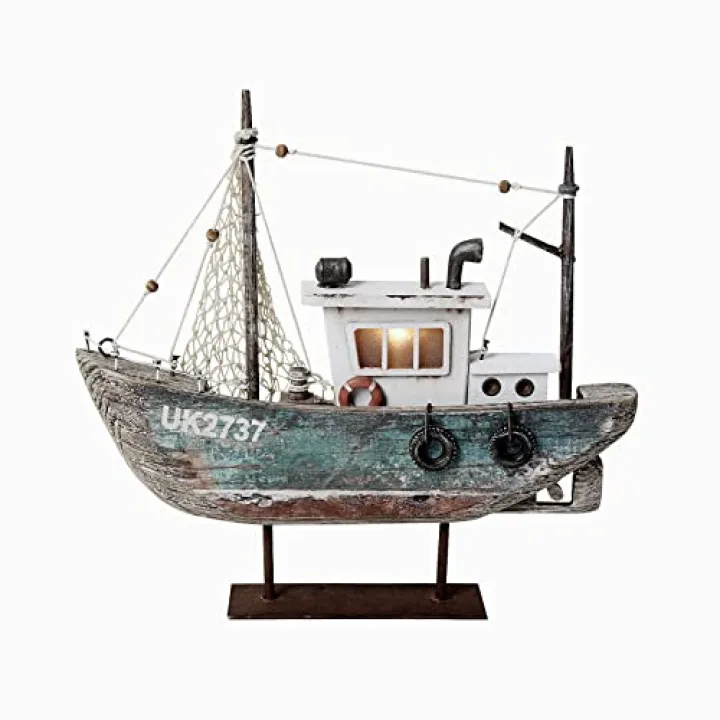 Aecipl Nautical Decor Wood Sailboat Model with LED Light - Beach Themed Sailing Boat Ornament Wooden Coastal Tabletop Centerpiece Home Shelf Decoration