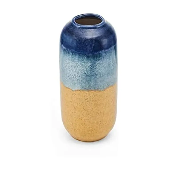 Elements Blue and Tan Ceramic Vase, for Use with Dried or Faux Flowers, 5.71x5.71x12.2 Inch