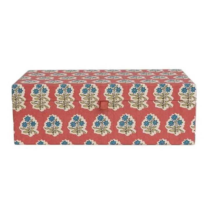 Fabric Covered Jewelry Box with Floral Pattern and Interior Mirror, Multicolor