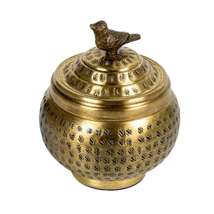 Round Hammered Metal Container with Bird Finial, Brass Finish