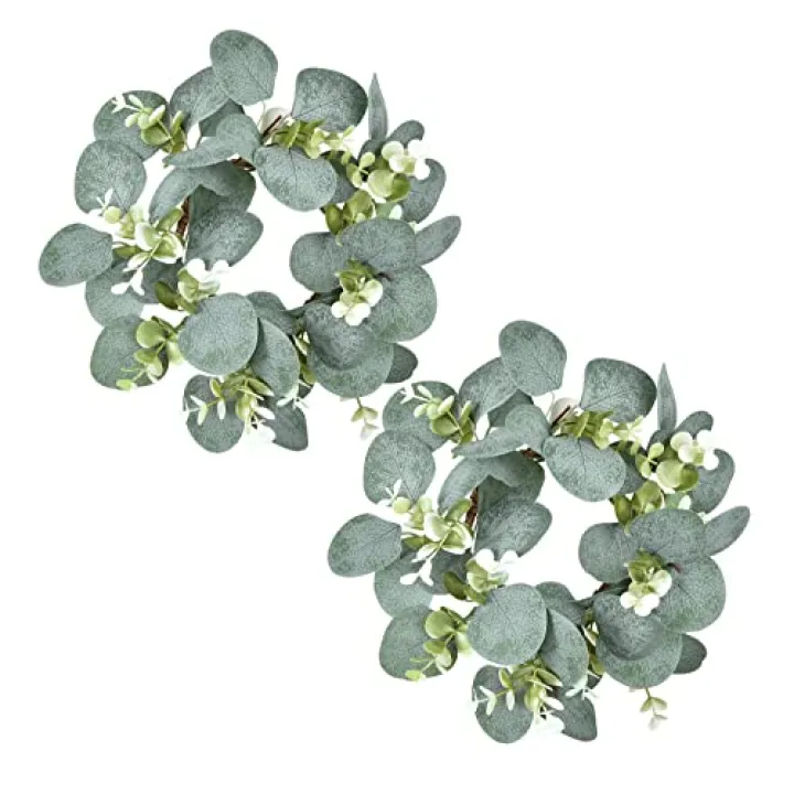 LSKYTOP 2 Pcs Eucalyptus Faux Kitchen Cabinet Artificial Greenery Farmhouse Wreath for Door Wall Window Decor, 9Inch/PC