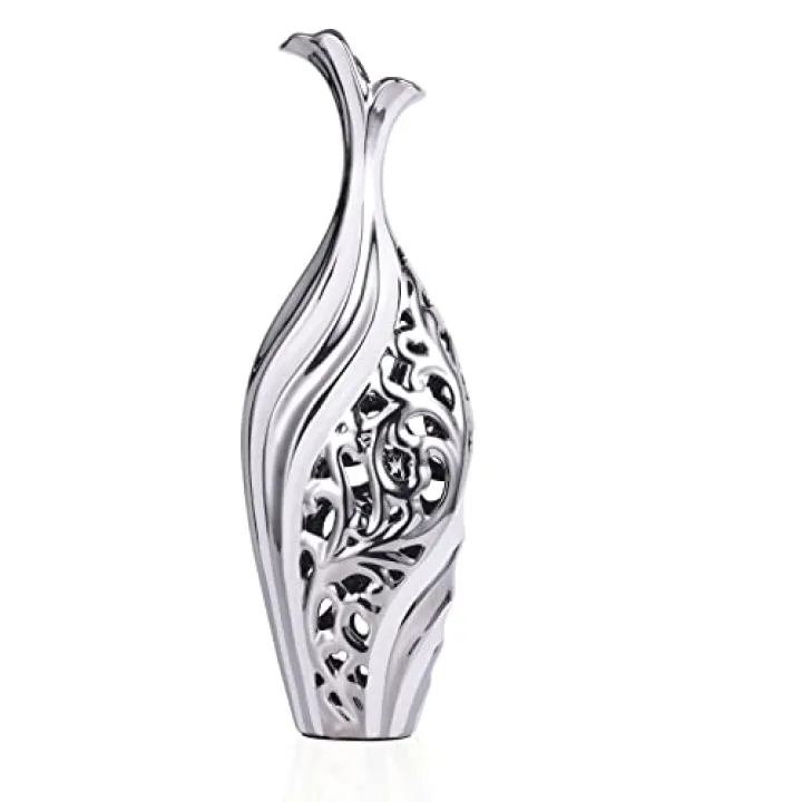 19 inch Floor Standing Large vase, Silver White Ceramic vase, Hollowed Out Large vase, Unique Pampas Grass vase Suitable for Living Room Floor, Home Office, Porch Home Center Decorative Large vase