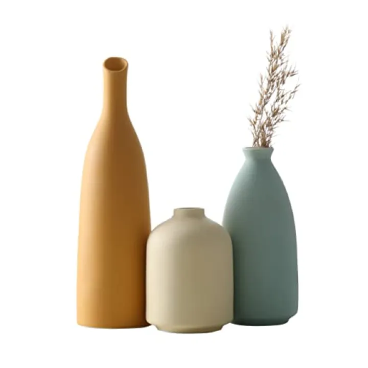 Modern Farmhouse Vase Set of 3 - Small Flower Vases for Table, Living Room, Bookshelf and Entryway Decor - Ceramic