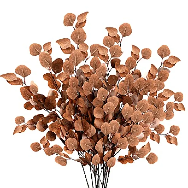Sggvecsy 6 Pcs Fall Artificial Eucalyptus Stems Long Silver Dollar Leaves Fake Silk Eucalyptus Leaf Branches for Indoor Home Autumn Festival Thanksgiving Decor(Dark Brown)