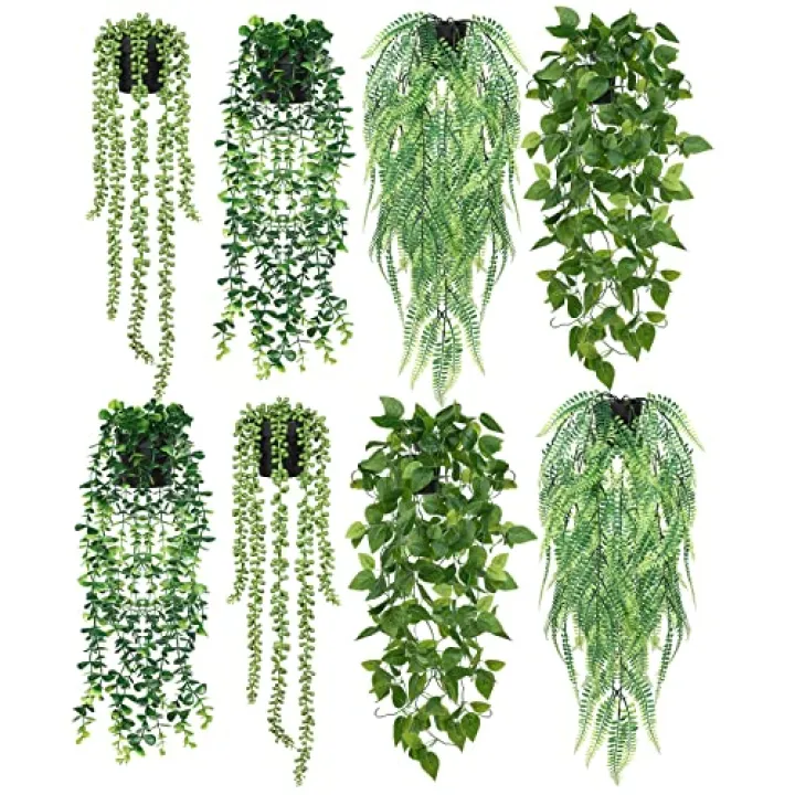 Jexine 8 Pcs Artificial Hanging Plants Potted Fake Plants Greenery Faux Eucalyptus Vine Mandala Vine String of Pearls Fern Plastic for Shelf Home Wall Living Room Office Indoor Outdoor Garden Decor