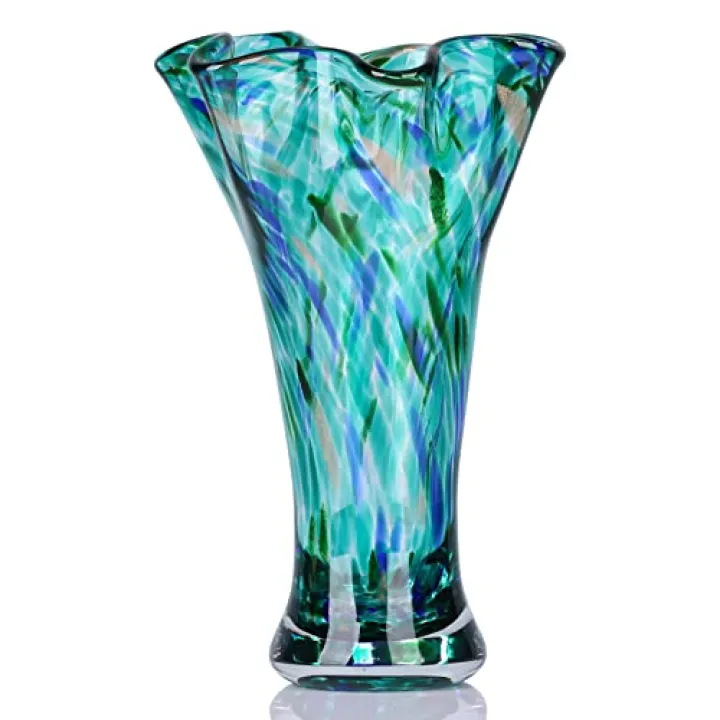 9.0" H Teal Glass Vases for Flowers, Unique Hand Blown Glass Vase Green Home Decor, Wide Mouth Colorful Flower Vase Centerpieces, for Living Room Table Bookshelf, Bathroom Office Shelf Decorative