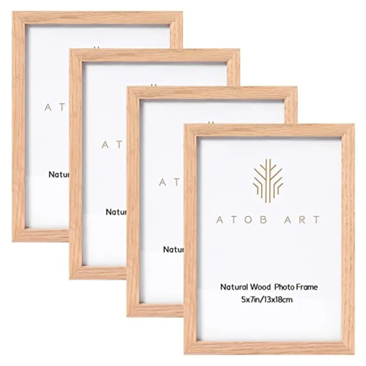ATOBART 5x7 Picture Frame Made of Solid OAK Wood Covered by Real Glass,5x7 Natural Wood Photo Frame for Wall Mounting or Table Top Display,Set of 4