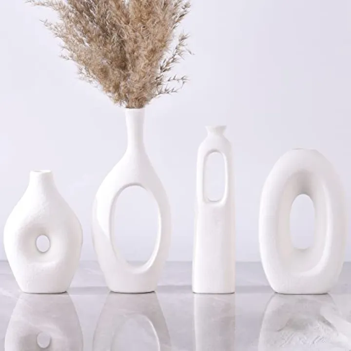 White Ceramic Vase Set of 4 - Round Hollow Boho Vases for Pampas Grass and Flowers Decor, Modern Minimalist Small Vases for Living Room, Bedroom, Fireplace, Coffee Table Decor and Centerpieces