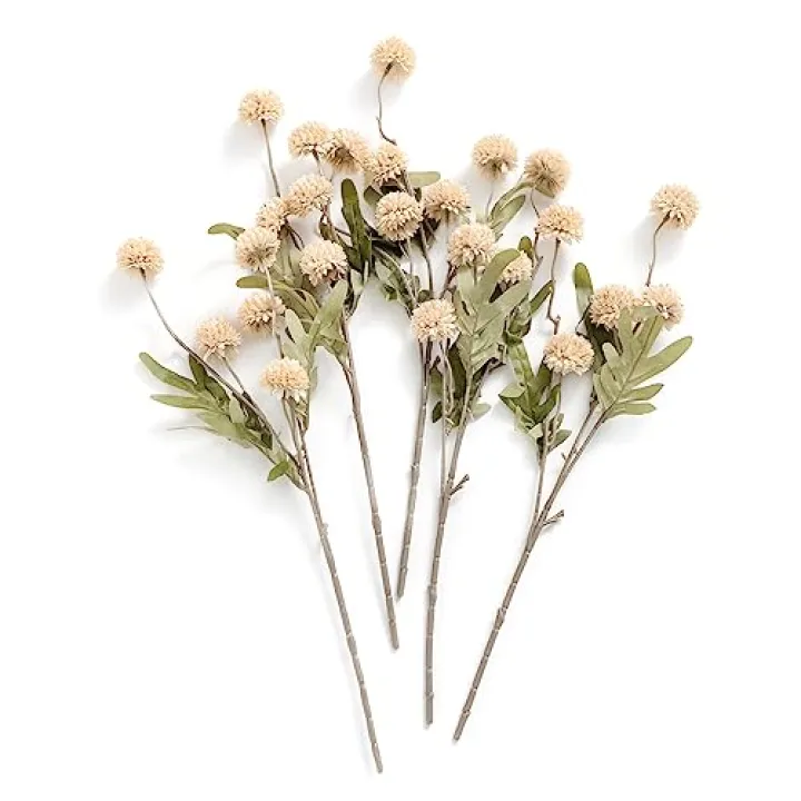 Ling's moment Pompon Mum Artificial Flower, 5pcs Faux Silk Mini Chrysanth with Stems, Bulk Fake Wedding Filler Flowers for DIY Bouquet Centerpieces Arrangements Shower Decorations, Beige