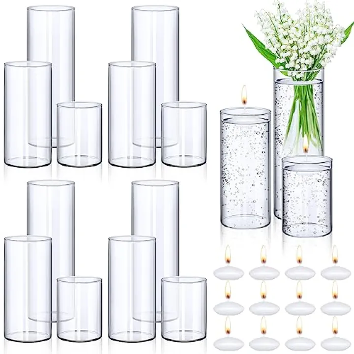 Jinei 12 Pack Glass Cylinder Vases Floating Candle and Clear Flower Vase Set Floating Candle Holders Centerpiece Vases for Table Home Wedding Decoration(White Candle, 3.3 x 4'', 3.3 x 6'', 3.3 x 8'')