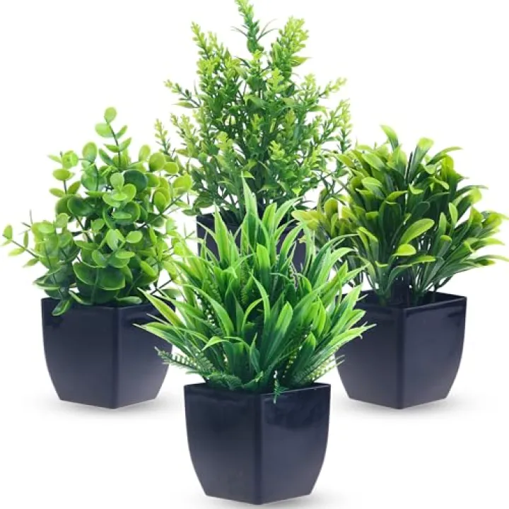 GREENTIME 4 Pack Fake Plants in Black Pot Mini Artificial Eucalyptus Potted Plant Small Faux Grass Greenery Potted for Indoor Home Office Farmhouse Bathroom Table Decoration