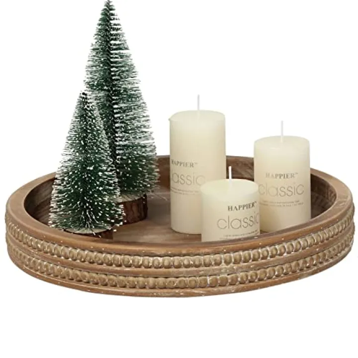 Carah & Cossh 12'' Round Wooden Tray, Whitewashed Round Decorative Wood Tray, Round Farmhouse Rustic Decorative Tray, Perfect for Storage and Display (Rustic Brown)