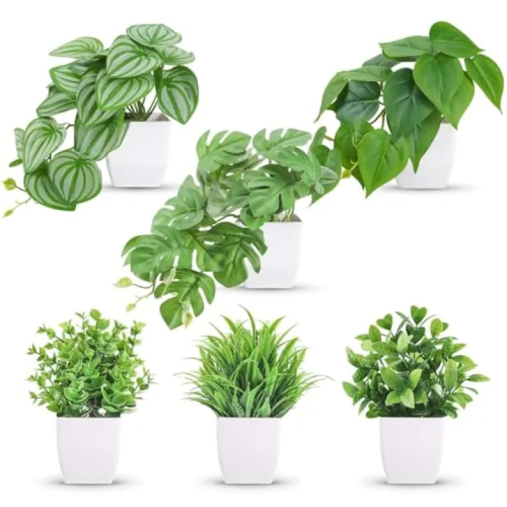 Der Rose 6 Pack Fake Plants Small Artificial Potted Plants Faux Plants for Home Office Desk Bathroom Aesthetic Farmhouse Room Decor Indoor
