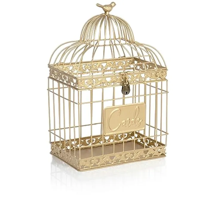 Red Co. 15.5” Tall Rectangular Decorative Lockable Metal Birdcage Wedding Card Holder, Gold