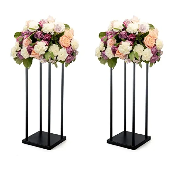 2 Pcs 24'' x 9'' Black Wedding Decoration Table Centerpieces Pedestal Flower Stands Geometric Metal Frame Iron Vases Column Display Rack for Event Party Home Decor