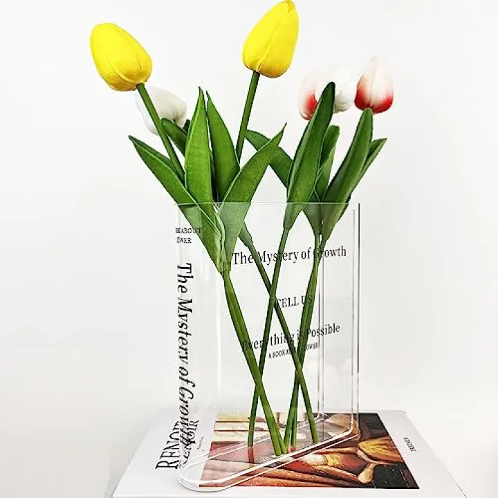 NaTickap Acrylic Book Vase for Flowers, Modern Aesthetic Flowers Vase for Bookshelf, Desk, Room, Office, Home Decor (Clear)