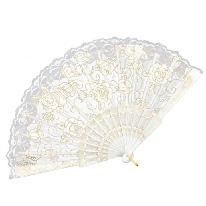 EOSAU Handheld Chinese Folding Fan Lace Hand Fans for Women Foldable Bulk for Party Wedding Church Dancing (White)