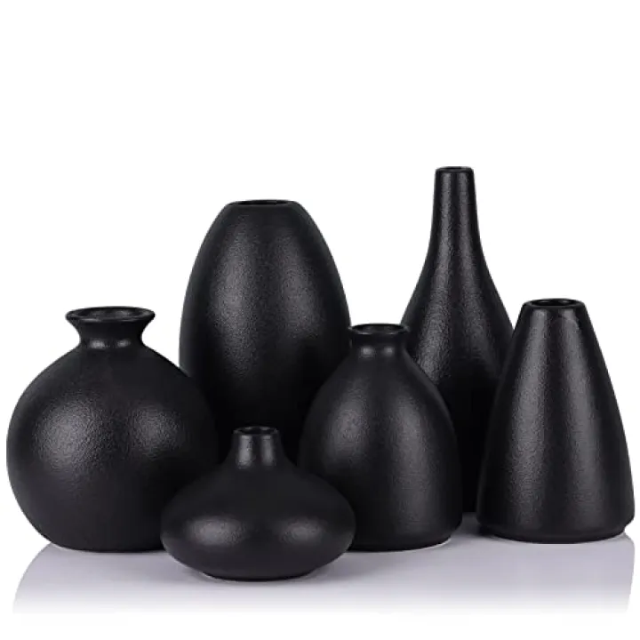 Set of 6 Matte Black Small Vases for Flowers, Ceramic Bud Vase Bulk Boho Centerpieces for Tables, Mini Short Vase Modern Bulk Wedding Centerpieces Ikebana Vases for Bridal Shower/House Warming Gift
