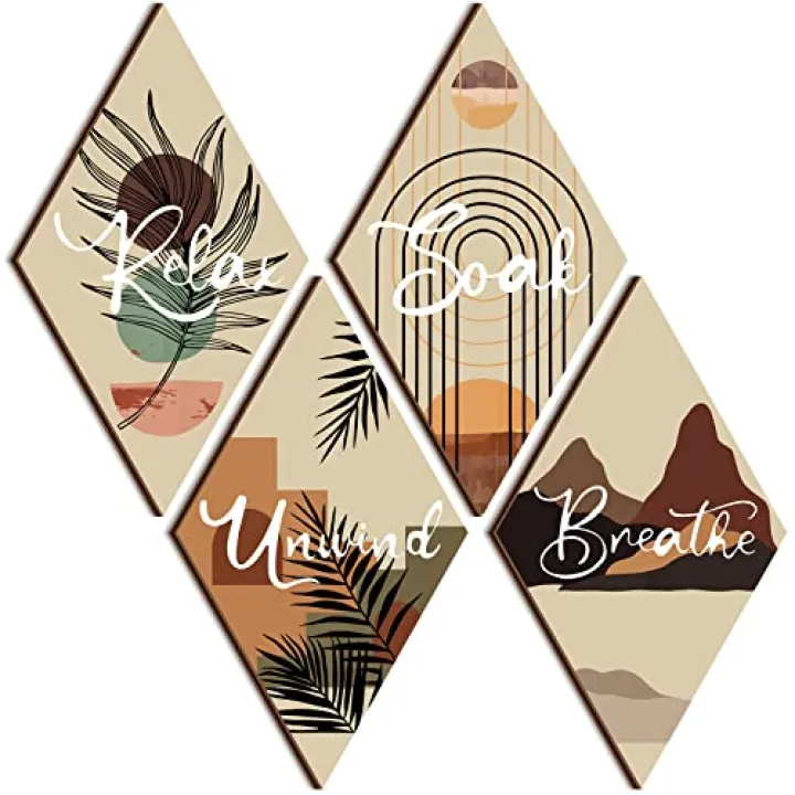 FairySandy 4 Pcs Bathroom Wall Art Restroom Decor Rustic Bathroom Wall Decor Farmhouse Relax Soak Unwind Breathe Sign for Bedroom Living Room, Rhombus (Boho)