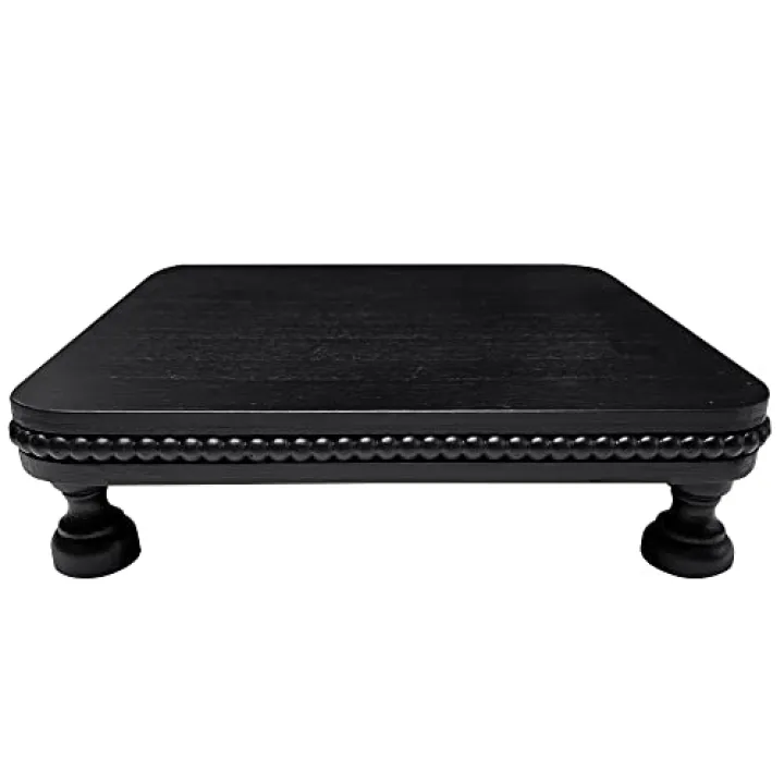 dwellington Farmhouse Display Wood Riser, 12" Decorative Black Beaded Pedestal Stand, Square Tiered Tray Decor for Kitcher Decor, Countertop