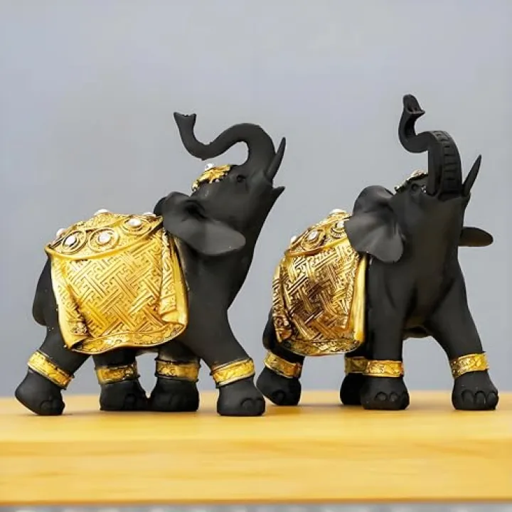 Wisifayardin Luck Elephant Decor Set with Trunks Up - Feng Shui Resin Black and Golden Couple Elephant Figurines - Pair of Elephants Statue, Modern Sculpture for Home Decor