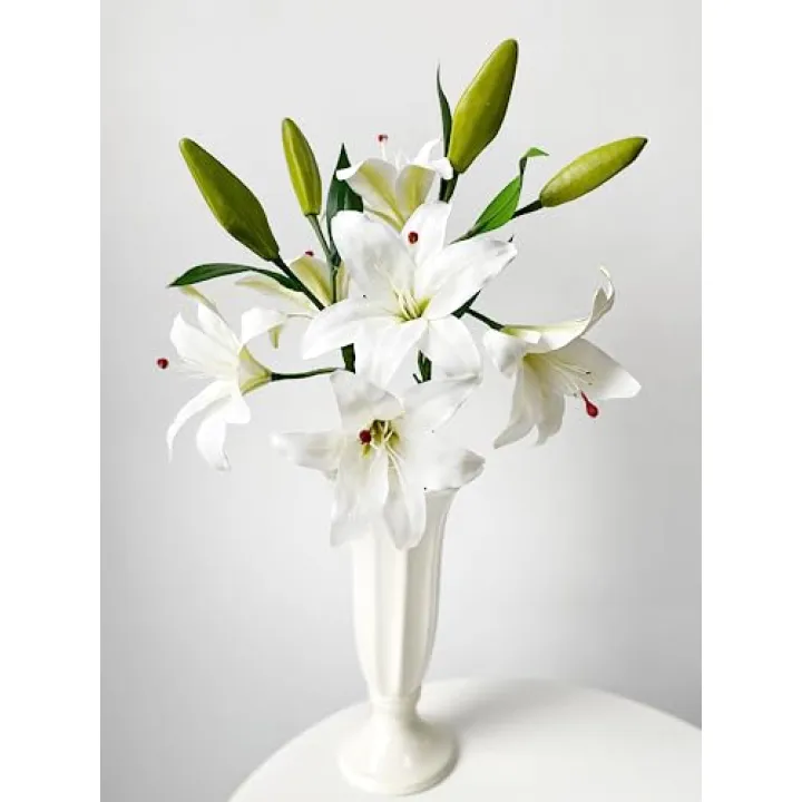 JINWOE 2 Pcs White Stargazer Lily Artificial Flowers, 28" Long Stem Faux Latex Tiger Lily for Home Garden Kitchen Table Flower Arrangement Decor