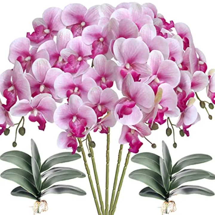 HinyoCo 5 Pcs Artificial Orchid Flowers and 4 Bundles Leaves, Artificial Phalaenopsis Flowers 32 Inch Stem Plants for Home Wedding Decoration (White Flower Purple Core)