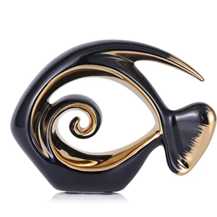Black Gold Ceramic Fish Figurines - Coastal Home Decor, Modern Ocean Centerpieces for Living Room, Dining Area, Bathroom, Office, Coffee Table, Beach House, Nautical, Seaside, Entrance, Shelf Display