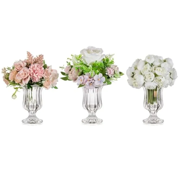 Glasseam Glass Vases for Decor, Small Compote Vase Set of 3, Ribbed Flower Vases for Centerpieces, Fluted Clear Crystal Pedestal Vase for Wedding Table Decorations, 5.7in
