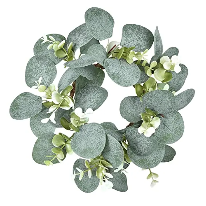 GRBAMBI Artificial Eucalyptus Leaves Wreaths - Eucalyptus Leaves Greenery Garland Farmhouse Wreath 9Inch for Kitchen Cabinet Dining Chairs Tabletop Decor (1)