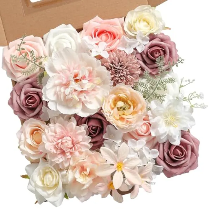 JGRSHES Artificial Flowers Combo Pink Mauve Fake Roses Silk Flowers with Stems for DIY Wedding Bridal Bouquets Floral Arrangement Table Centerpieces Cake Birthday Baby Shower Anniversary Home Decor