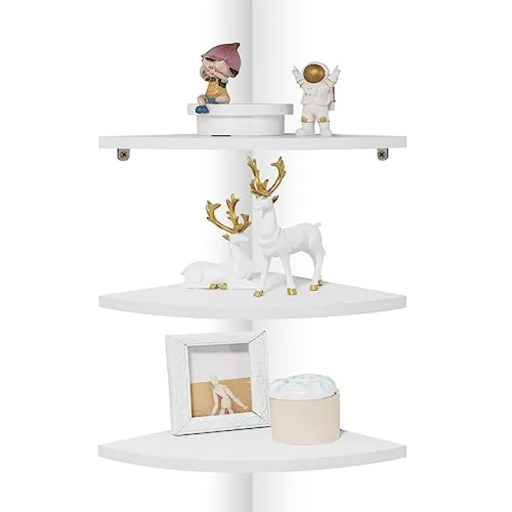 Joiishom Corner Wall Shelf Set of 3, Floating Corner Shelves for Wall, Rustic Wood Wall Storage Display Shelves for Living Room Bedroom Bathroom Kitchen (Round Edge-White)