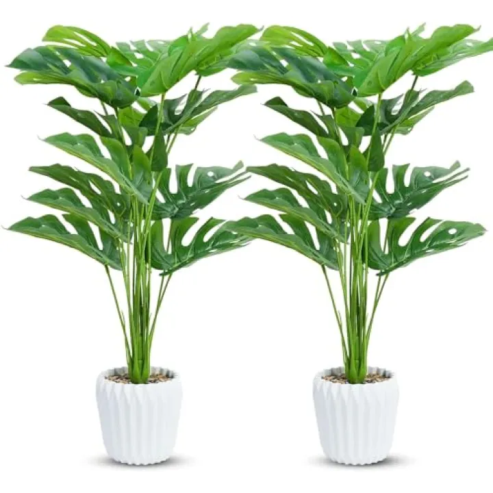 Yuanlne Set of 2 Fake Plants 28" Tall Artificial Monstera Deliciosa with 18 Leaves in White Pot for Home Office Decor