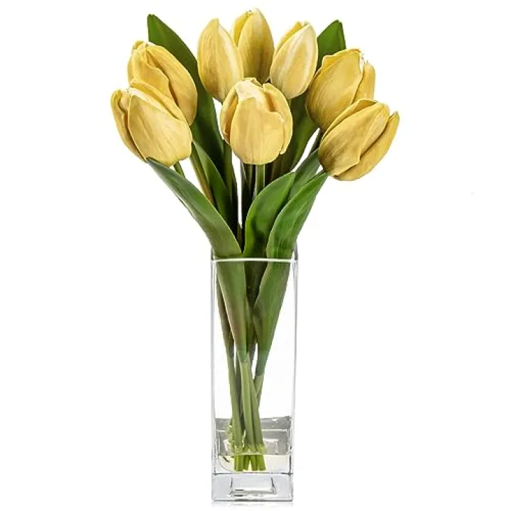 Briful Fake Flowers Artificial Tulip Flower Khaki in Clear Vase, Real Touch EVA Tulip Arrangement Suitable for Home Office Fall Decoration, Dining Table Centerpiece