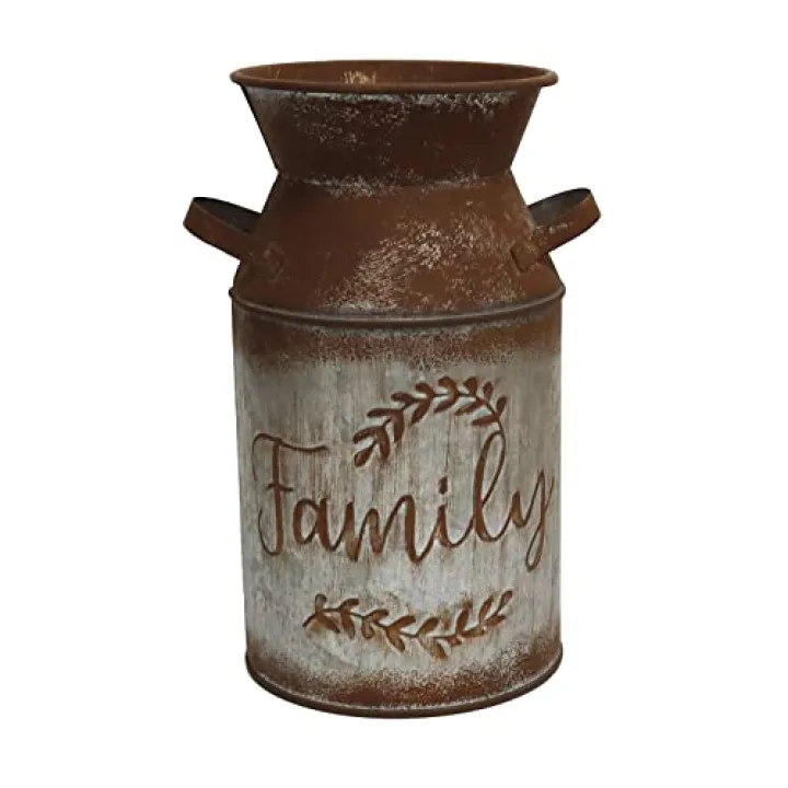 Fauevav Galvanized Milk Can with Greetings, Antique Retro Vase Metal Planter Rustic Vintage Primitive Flower Holder Farmhouse Country Plant for Home Office Decor, 7.5” (Brown)