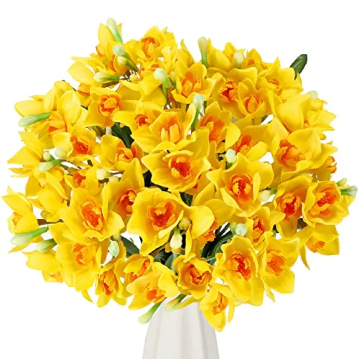 Yunlly Artificial Plant 48 x Faux Daffodils, 18.1 inches Narcissus Spring Flower, Yellow for Wedding Party Decoration, Home