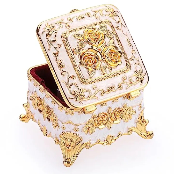 Hipiwe Vintage Jewelry Box Trinket Organizer Enameled Metal Treasure Chest Ring Holder Earrings Storage Case Decorative Keepsake Box Gift for Women, Small 3"x3"x2.4"