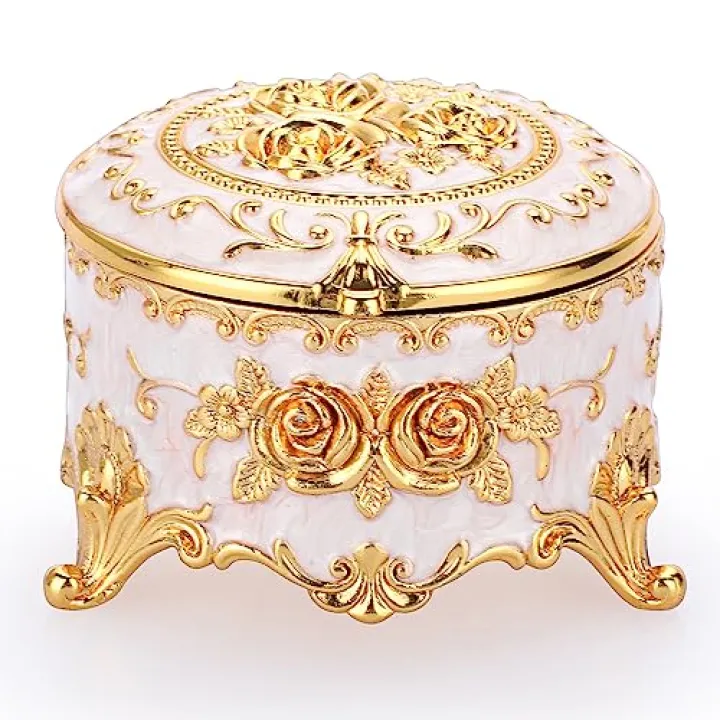 Hipiwe Vintage Round Jewelry Box Small Trinket Storage Organizer Box Gold Metal Chest Ring Case Treasure Box Keepsake Box Earrings Necklace Storage Box Gift for Women, Small